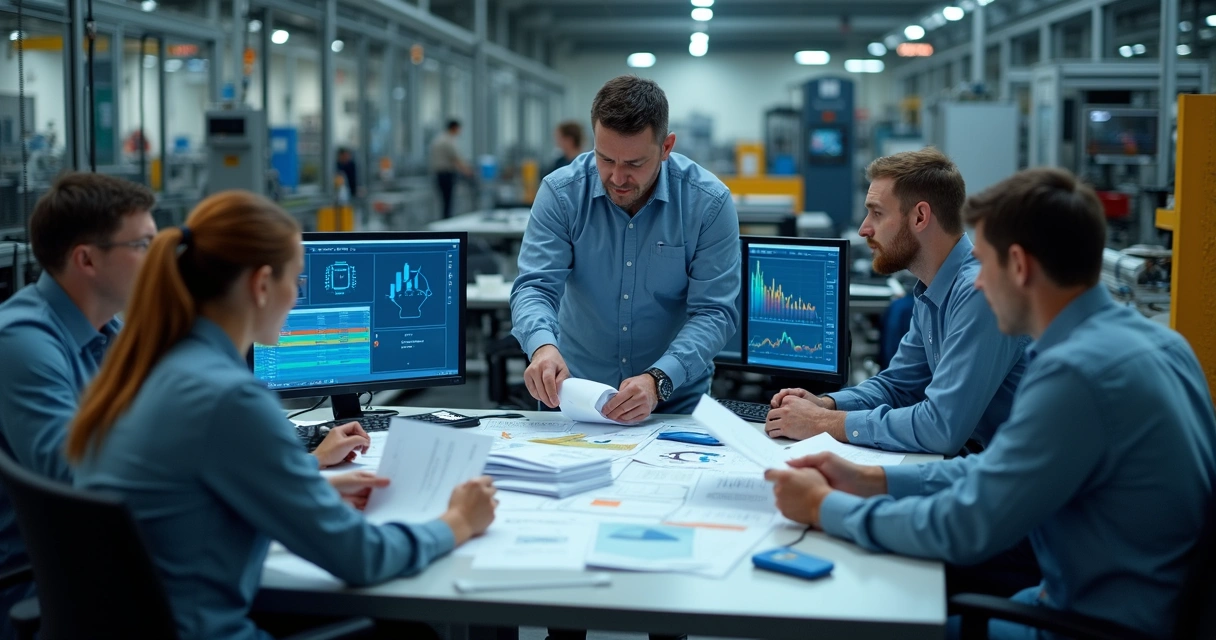 Funcionários em fábrica migrando arquivos de planilha para sistema ERP em computadores 