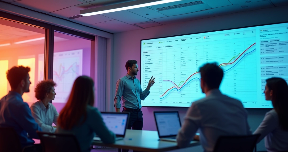 Jovem profissional guiando equipe na transição de planilhas para sistema digital 