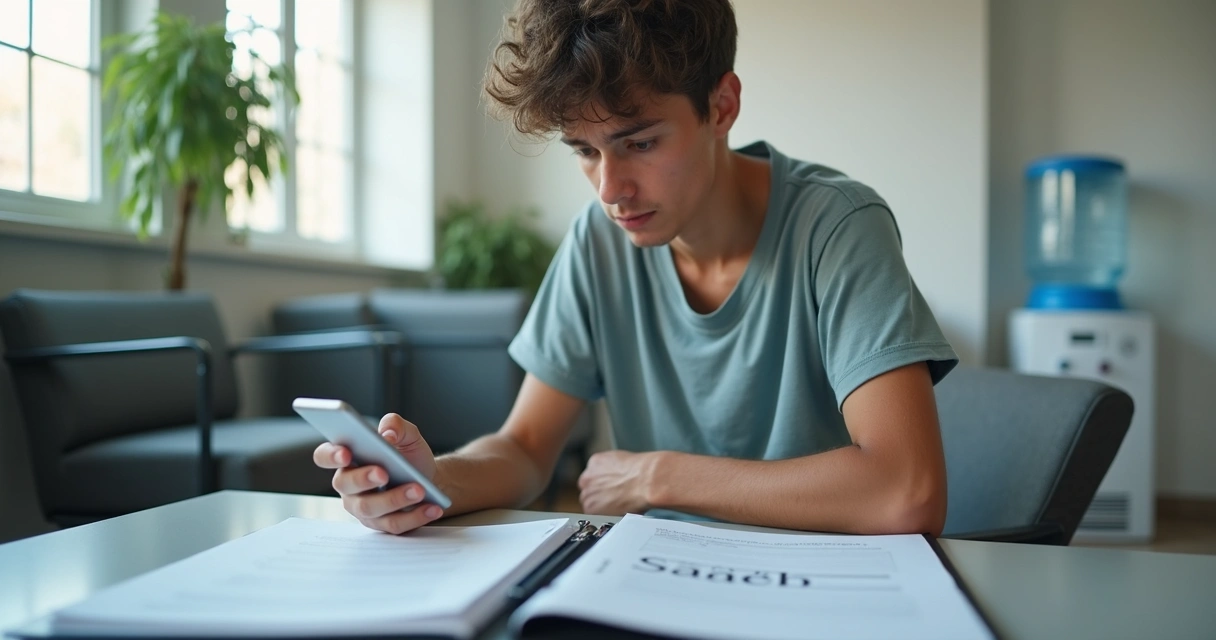 Pessoa sentada em uma sala de espera segurando documentos de saúde 