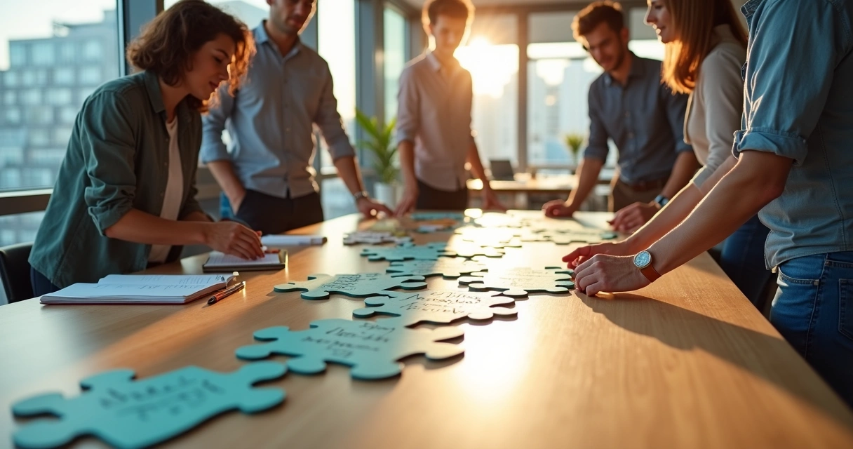 Profissionais em mesa de coworking conectando peças de quebra-cabeça em formato de trajetória de carreira 
