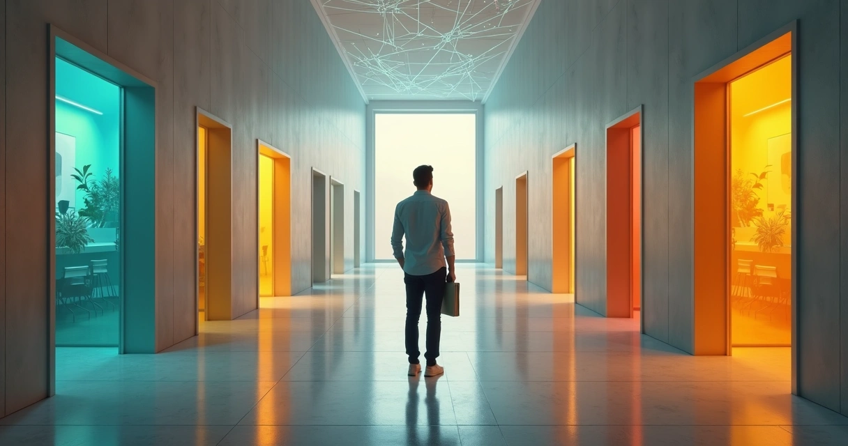 Pessoa em pé em corredor com portas coloridas representando caminhos profissionais 