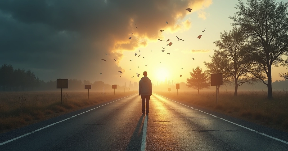 Pessoa em encruzilhada entre reação impulsiva e escolha consciente 