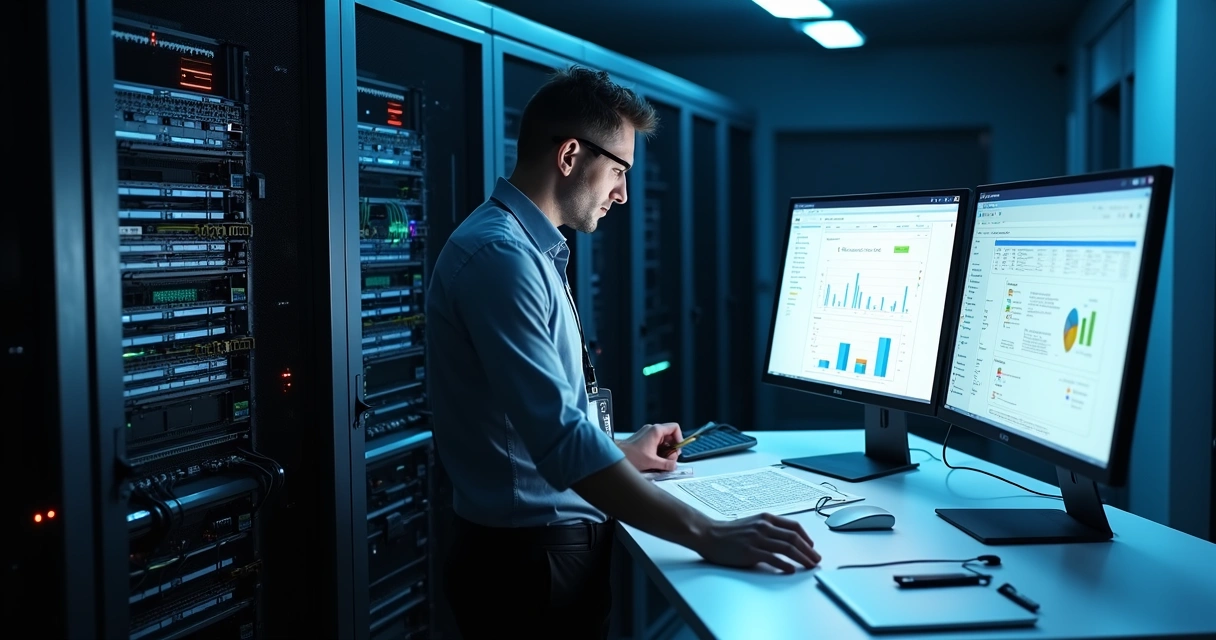 Profissional de TI ajustando cabos em rack enquanto telas exibem migração de dados de ponto 