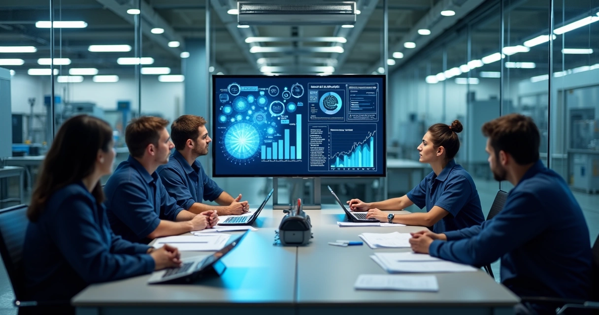 Equipe de fábrica reunida em sala de reunião analisando gráficos em computadores