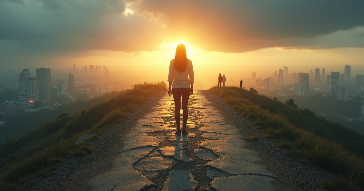 Pessoa em encruzilhada entre cidade caótica e cidade equilibrada 