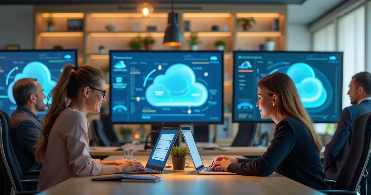 Funcionários usando computadores com interface moderna em ambiente tranquilo