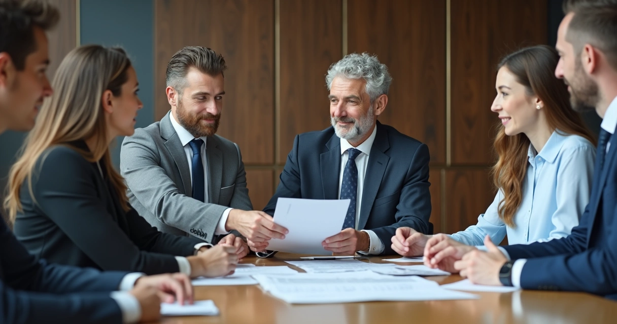 Equipe em reunião, destaque para dois líderes em diferentes gerações 