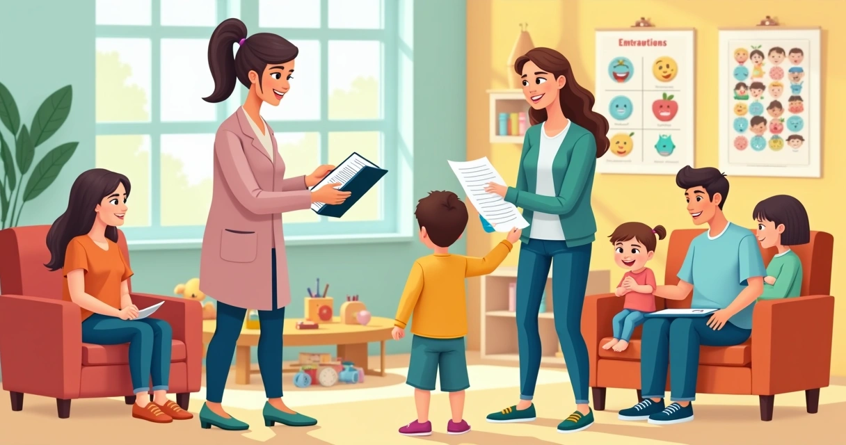 Dois terapeutas ABA conversando com uma criança e responsáveis 
