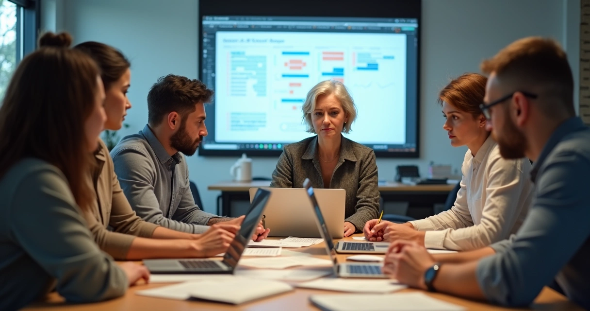Equipe reunida revisando documentos e tarefas em notebooks para planejar transição. 