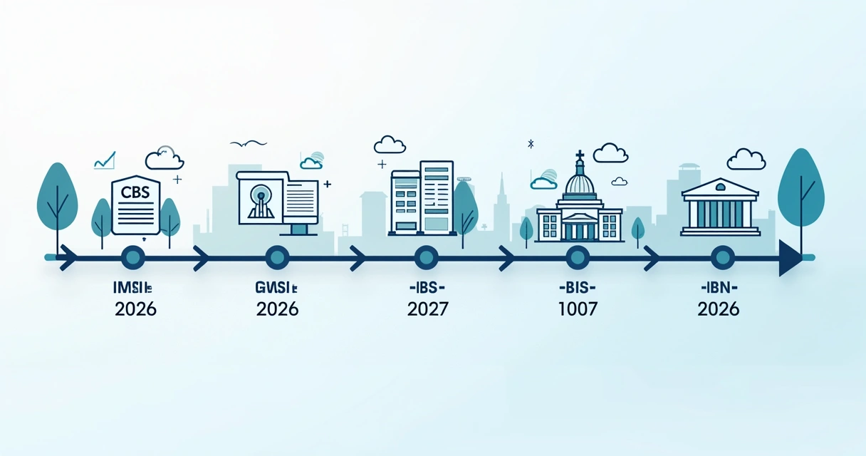 Linha do tempo mostrando os prazos da transição tributária, de 2026 a 2033, com destaques para CBS e IBS 
