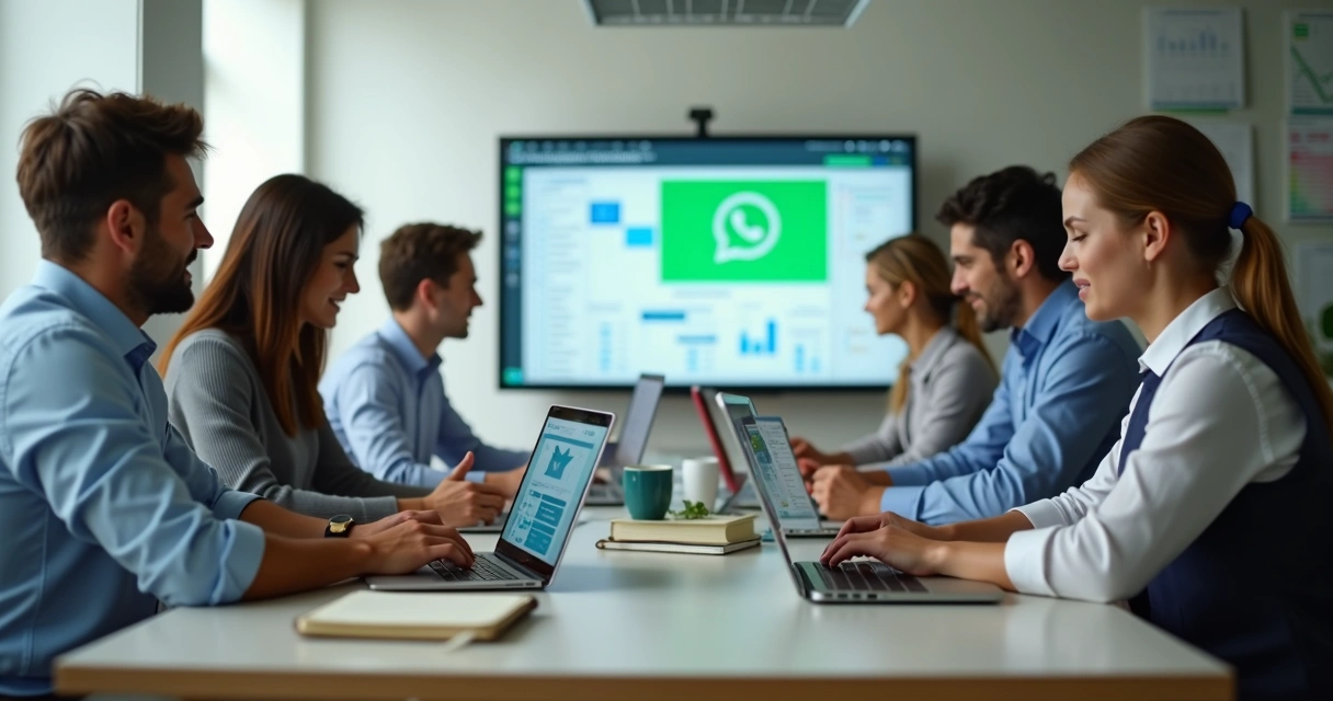 Equipe de vendas reunida em sala moderna utilizando computador e smartphone para migrar do WhatsApp Business para uma plataforma completa 