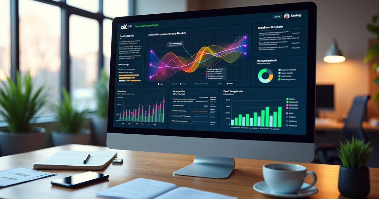 Tela de computador mostrando dashboard de metas com gráficos conectando equipes e fluxos de trabalho 