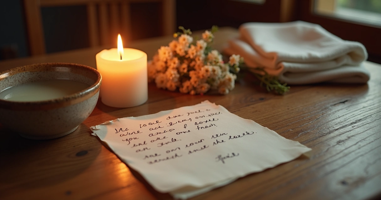 Ceremonial objects arranged on a wooden table with soft lighting 