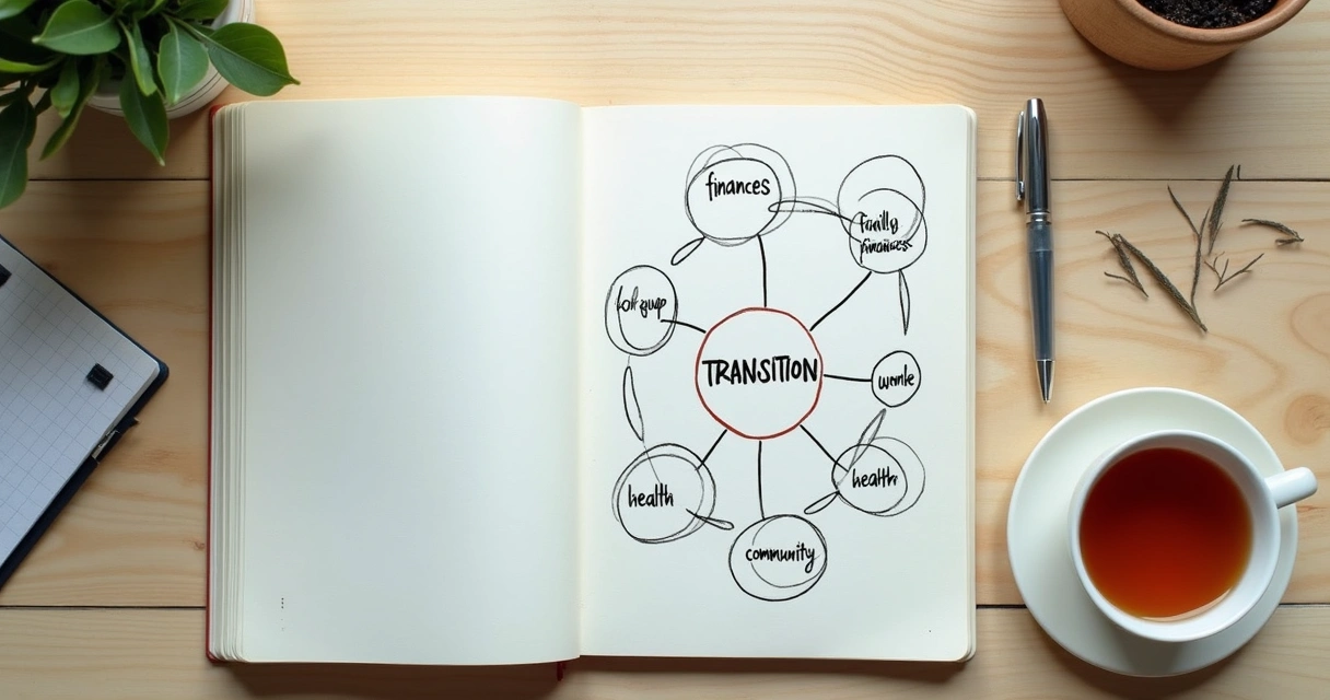 Notebook with a transition map and connected life areas 