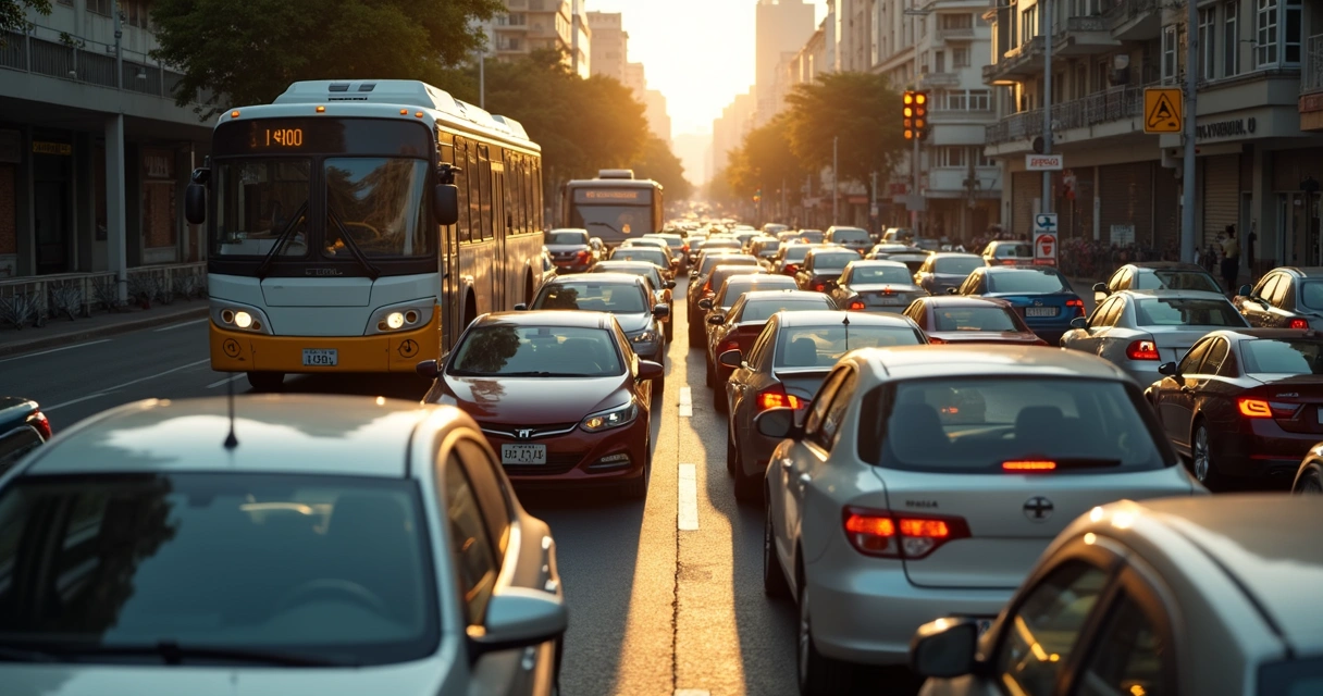 Ônibus lotado e muitos carros em engarrafamento visto de cima 