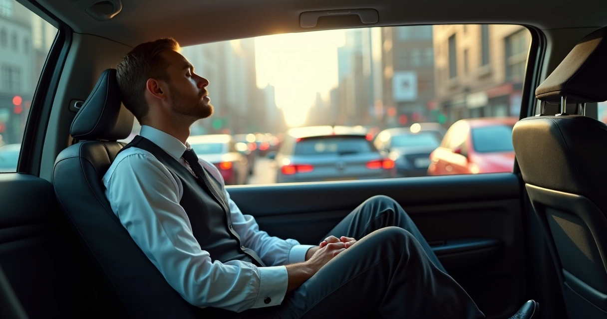 Pessoa praticando meditação entre carros parados no trânsito da cidade 