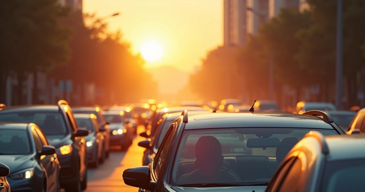 Trânsito intenso de carros na cidade ao amanhecer