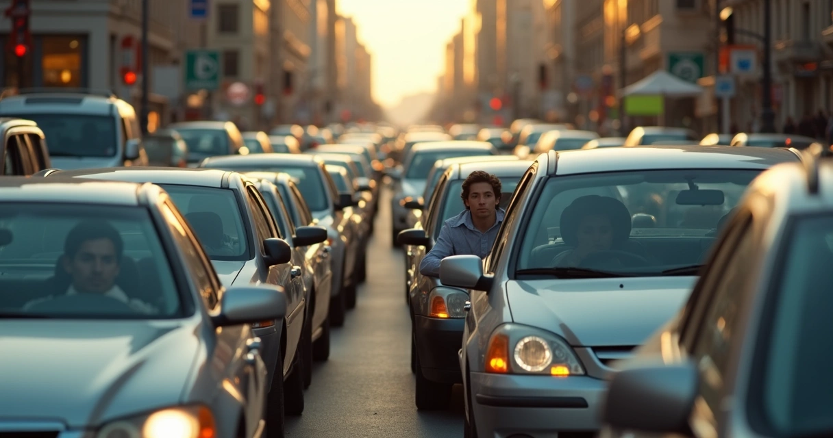 Rua movimentada com carros parados, motorista olhando pela janela com expressão calma 