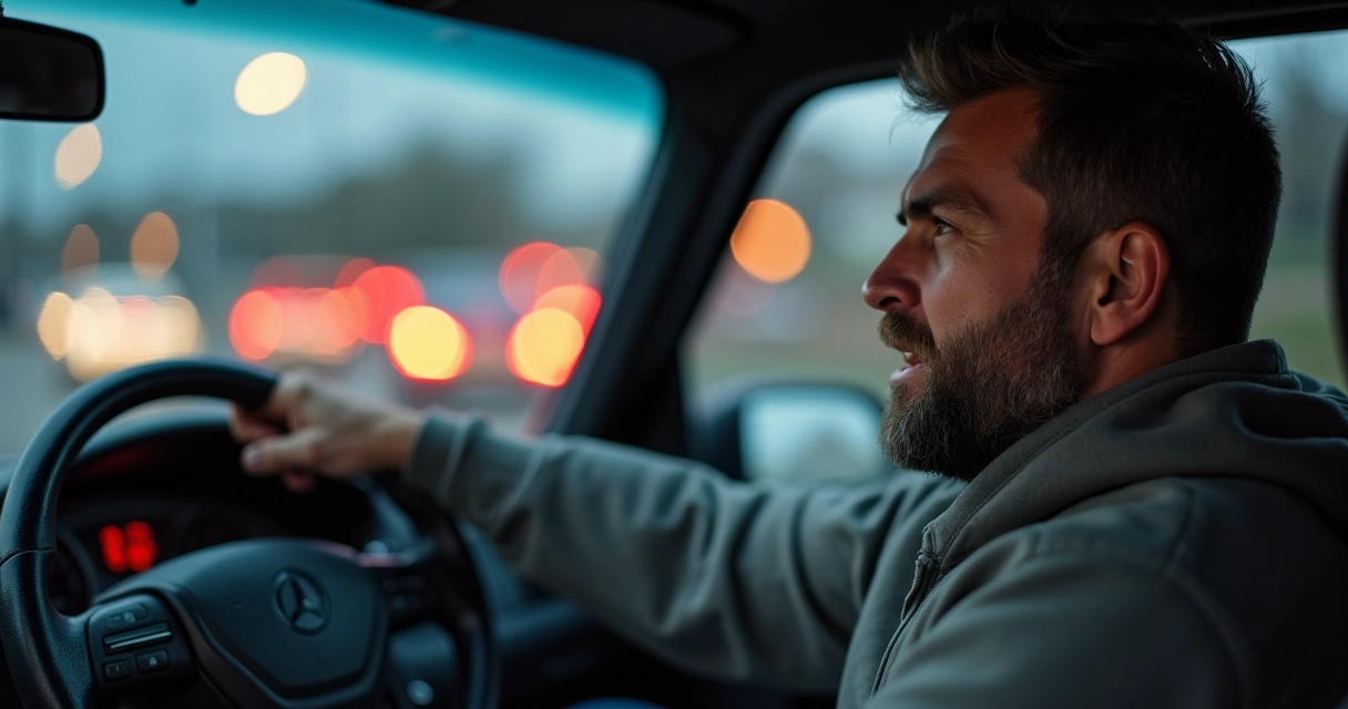 Homem dentro do carro segurando volante com expressão de raiva no trânsito 