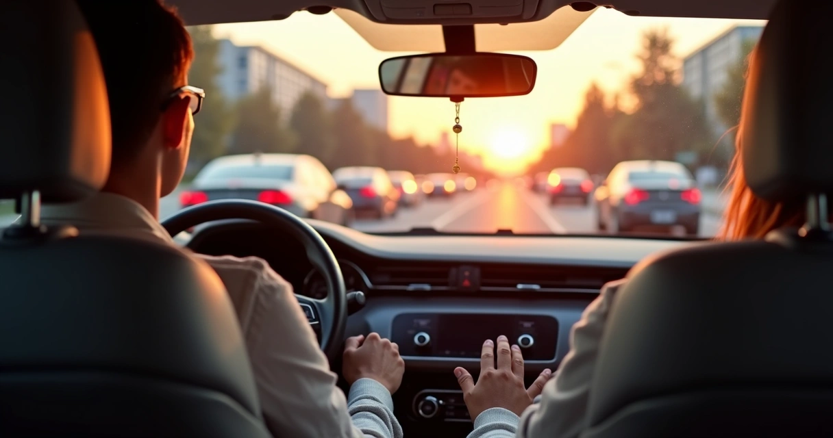 Motorista respirando profundamente dentro do carro parado no trânsito ao pôr do sol 
