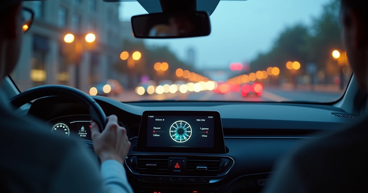 Painel do carro com rádio mostrando música calma enquanto motorista olha com tranquilidade para o trânsito. 