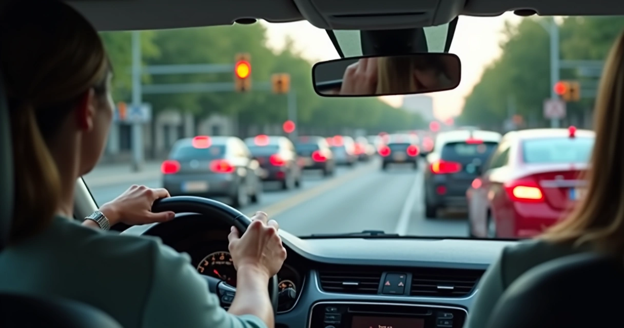 Carros parados no semáforo com foco na atenção ao volante