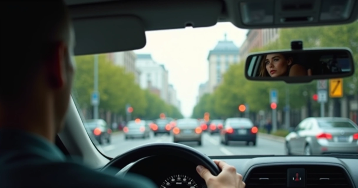 Via urbana com carros em fluxo e motorista atento 