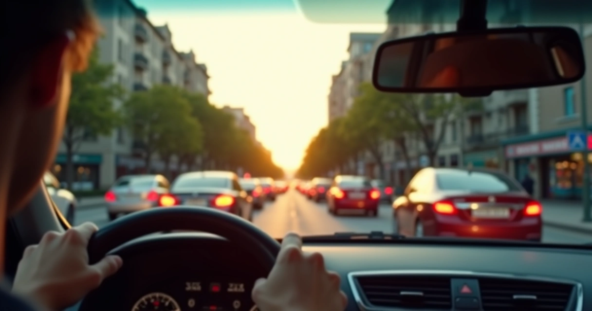 Interior de carro em trânsito urbano com clima sereno