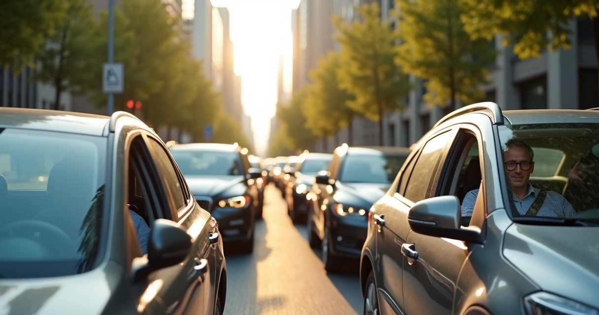 Motoristas em seus carros num trânsito urbano, expressando calma 