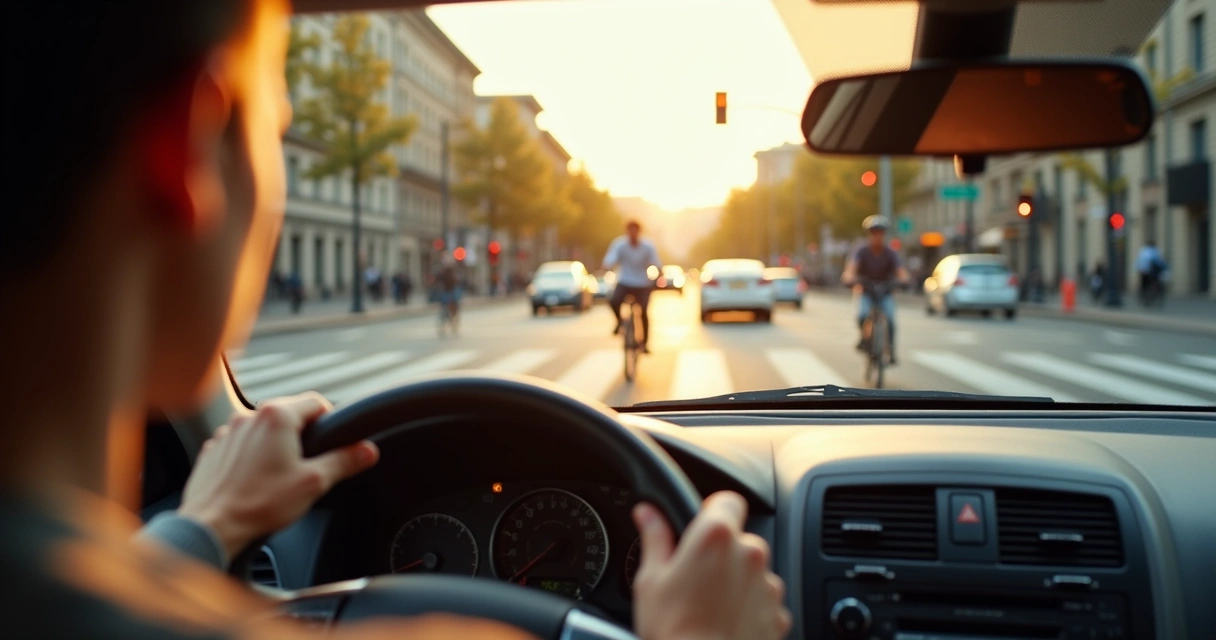 Vista de trânsito urbano com motorista atento e pedestres em faixa 