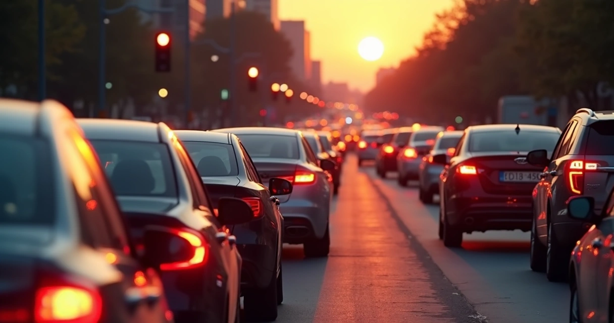 Fila de carros em semáforo urbano ao entardecer