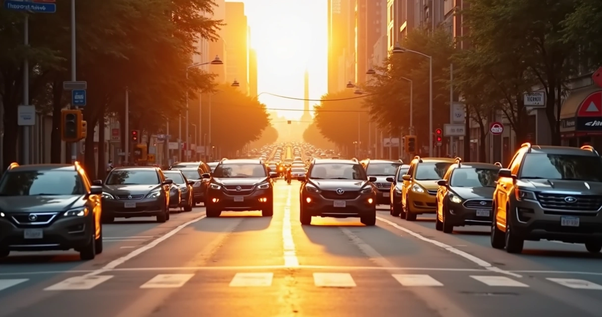 Fila de carros em avenida com clima sereno ao amanhecer