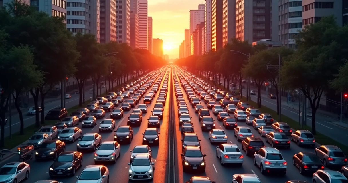 Movimento de carros em avenida vista de cima ao entardecer 