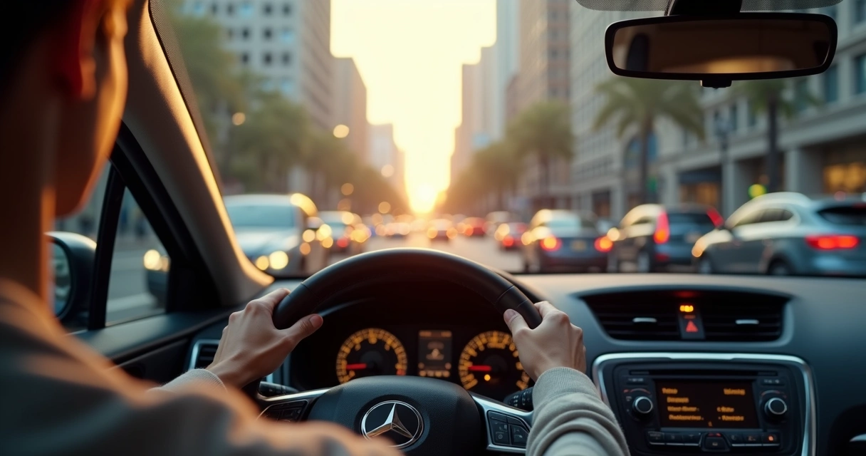 Trânsito urbano visto do interior do veículo, motorista parece calmo 
