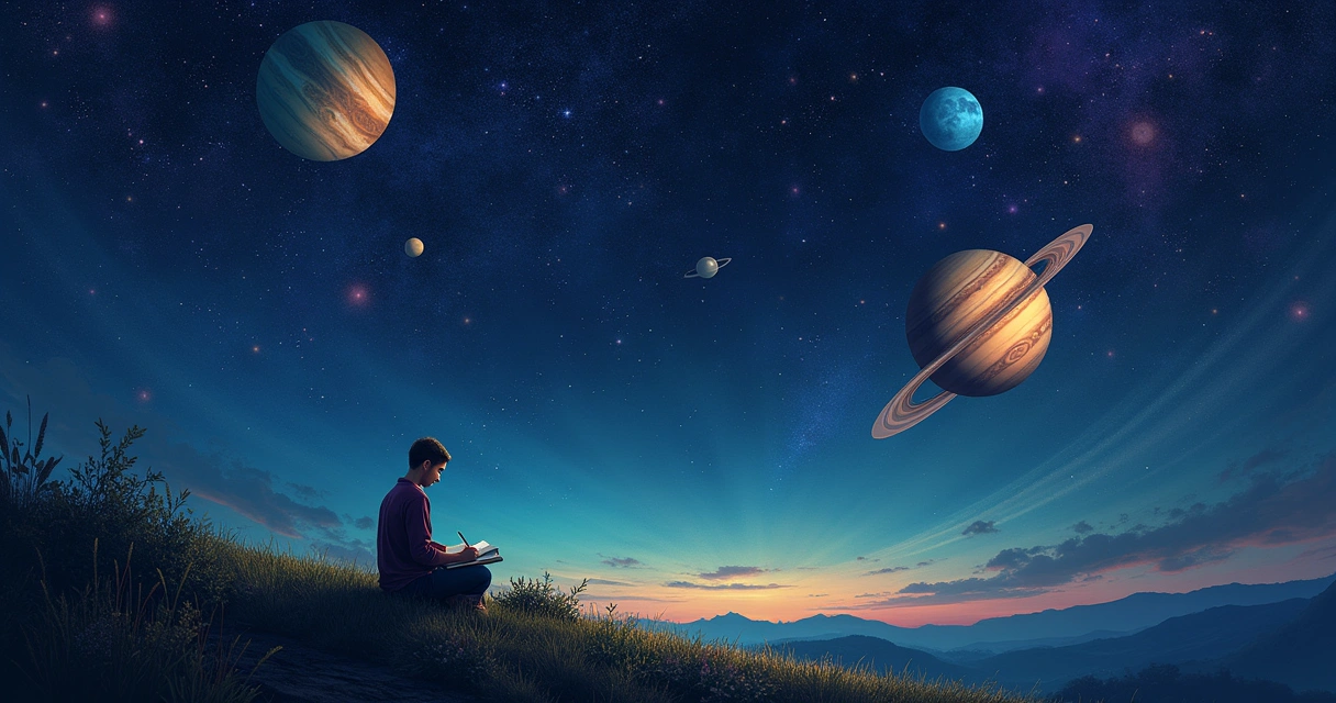 Ilustração de uma cena celestial com planetas em um céu noturno e uma pessoa escrevendo em um diário.