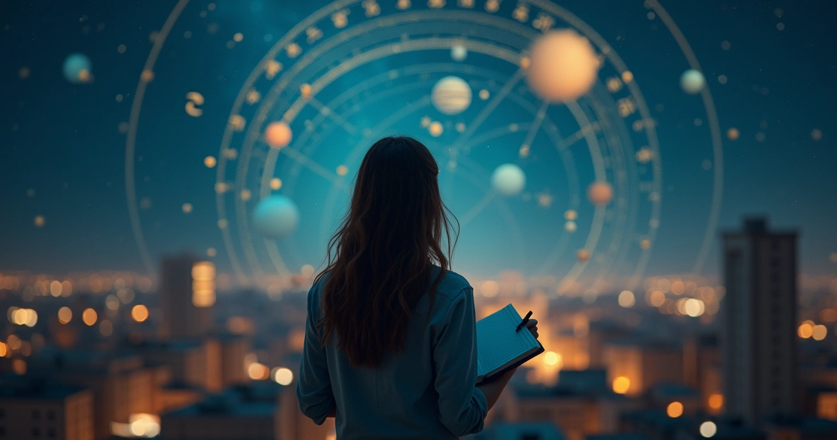 Mulher observando mapa astral projetado sobre o céu estrelado noturno 
