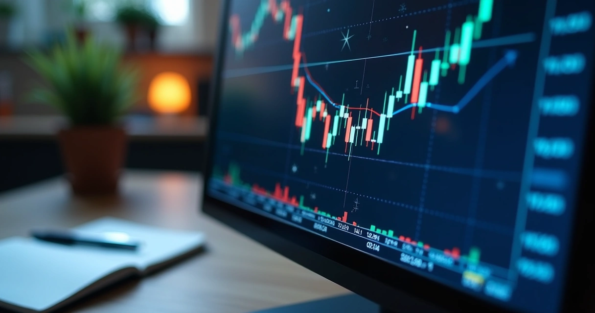 Tela com gráfico financeiro e símbolos astrológicos discretos 