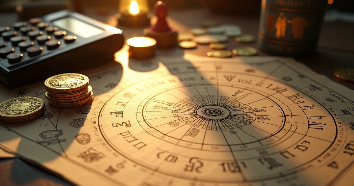 Ilustração de um gráfico astral sobreposto a moedas douradas, com raios solares iluminando diferentes setores, indicando prosperidade. 