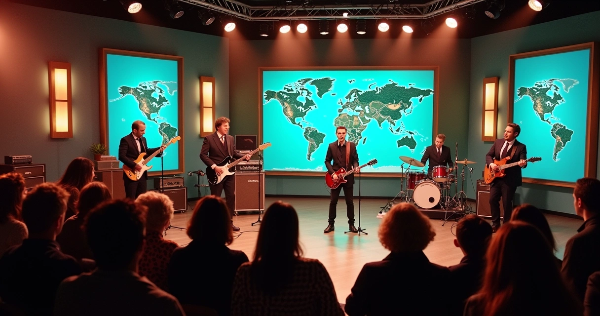 Grupo musical actuando en transmisión televisiva antigua 