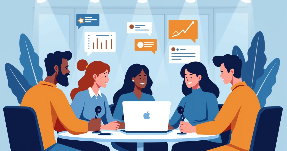 Equipe de marketing conduzindo transmissão ao vivo via laptop 