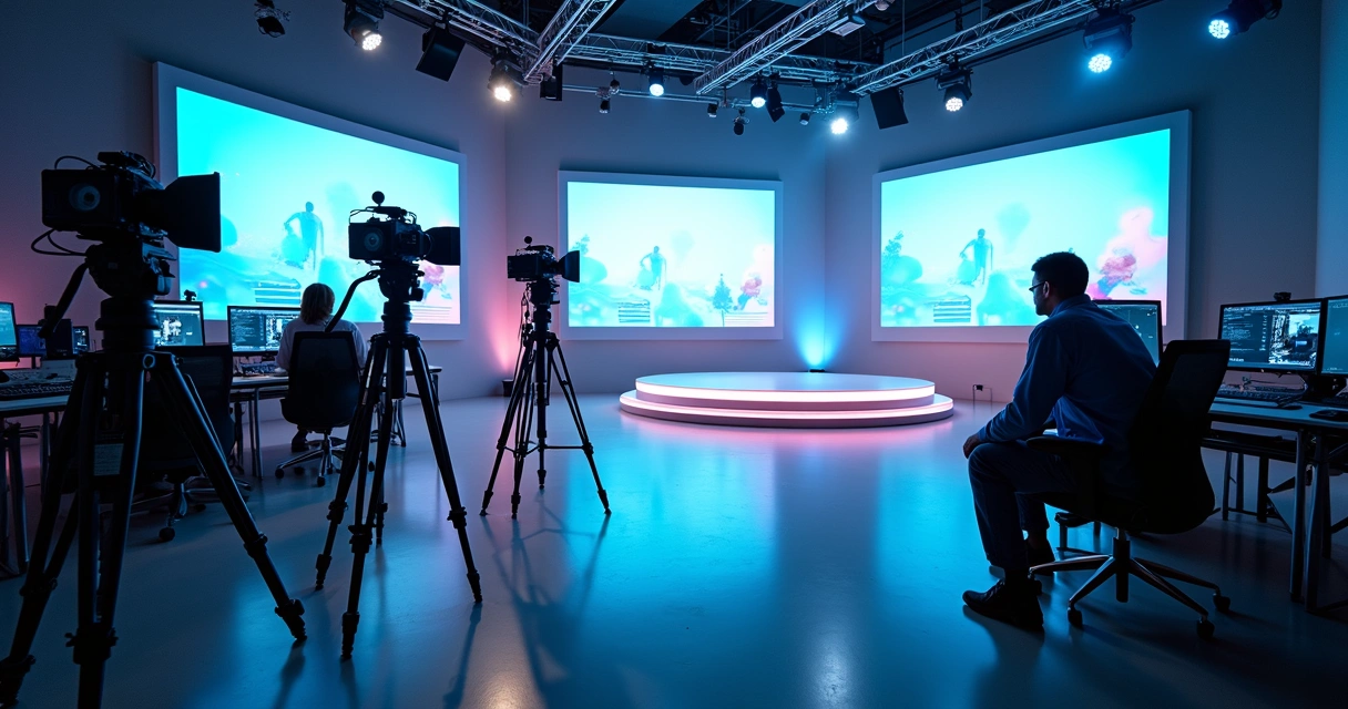 Estúdio audiovisual equipado para transmissão ao vivo com câmeras, microfones e painel de LED 