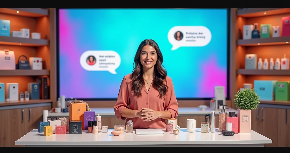 Apresentador mostrando produtos coloridos durante transmissão ao vivo