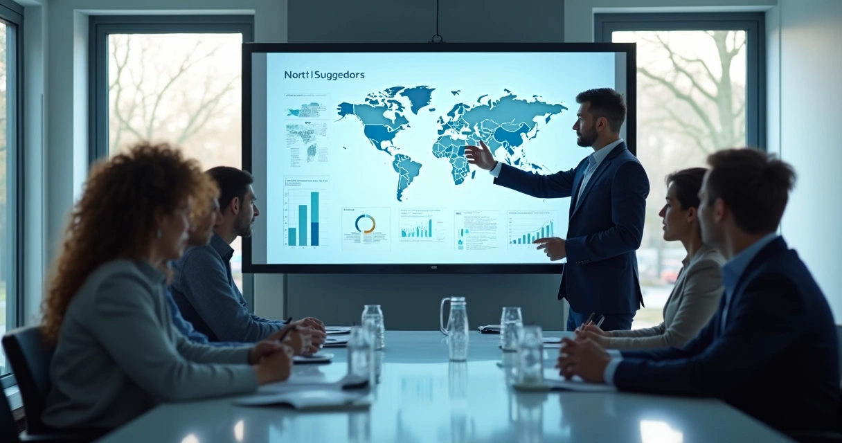 Gestor público treinando equipe em sala de reuniões com gráficos na parede