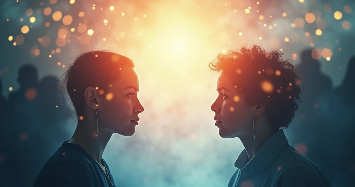 Duas comunidades separadas representadas por grupos de pessoas, com ondas brilhantes entre elas