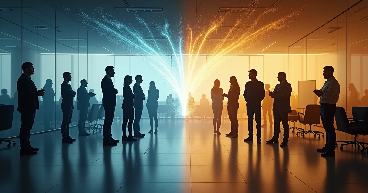 Dois grupos de pessoas em espaços separados conectados por ondas de energia luminosa entre eles 