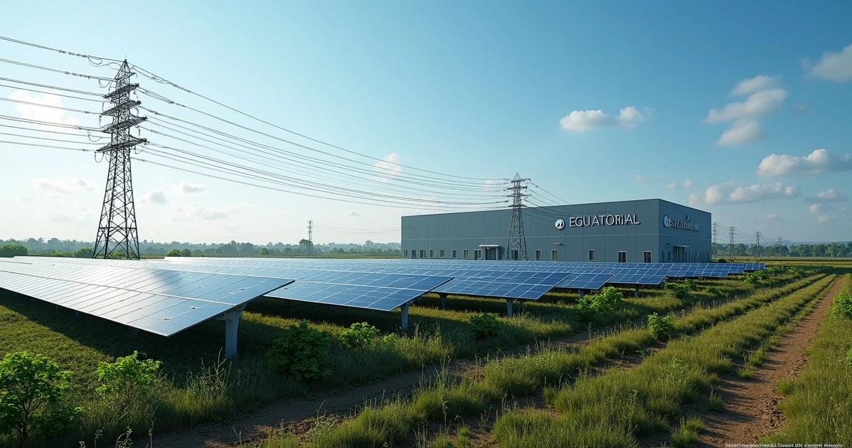 Linha de transmissão de energia elétrica com painéis solares e logo da Equatorial ao fundo 