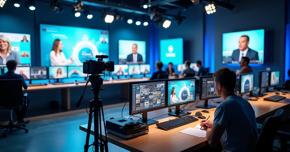 Estúdio profissional de transmissão de evento online com equipamentos de áudio e iluminação 