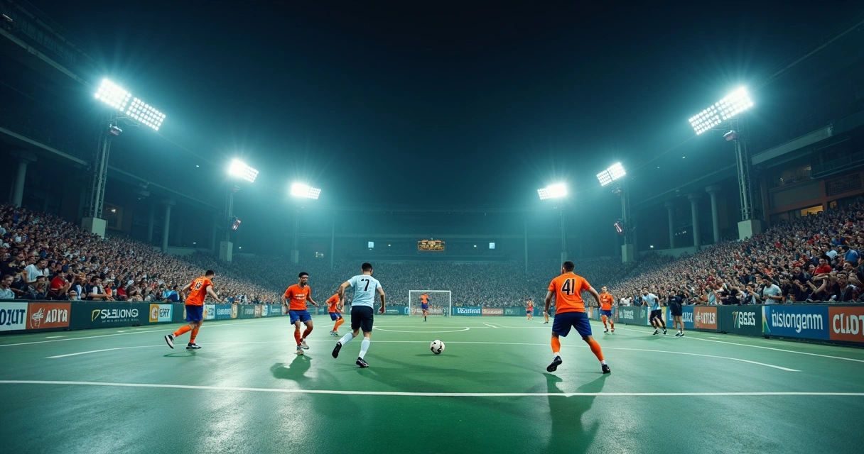 Transmissão de partida de futebol amador em ambiente urbano, quadra com luzes e pequeno público 