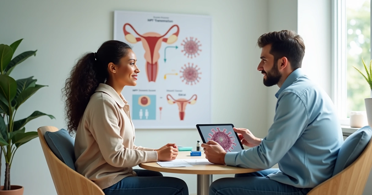 Casal sentado conversando em consultório médico sobre transmissão do HPV 