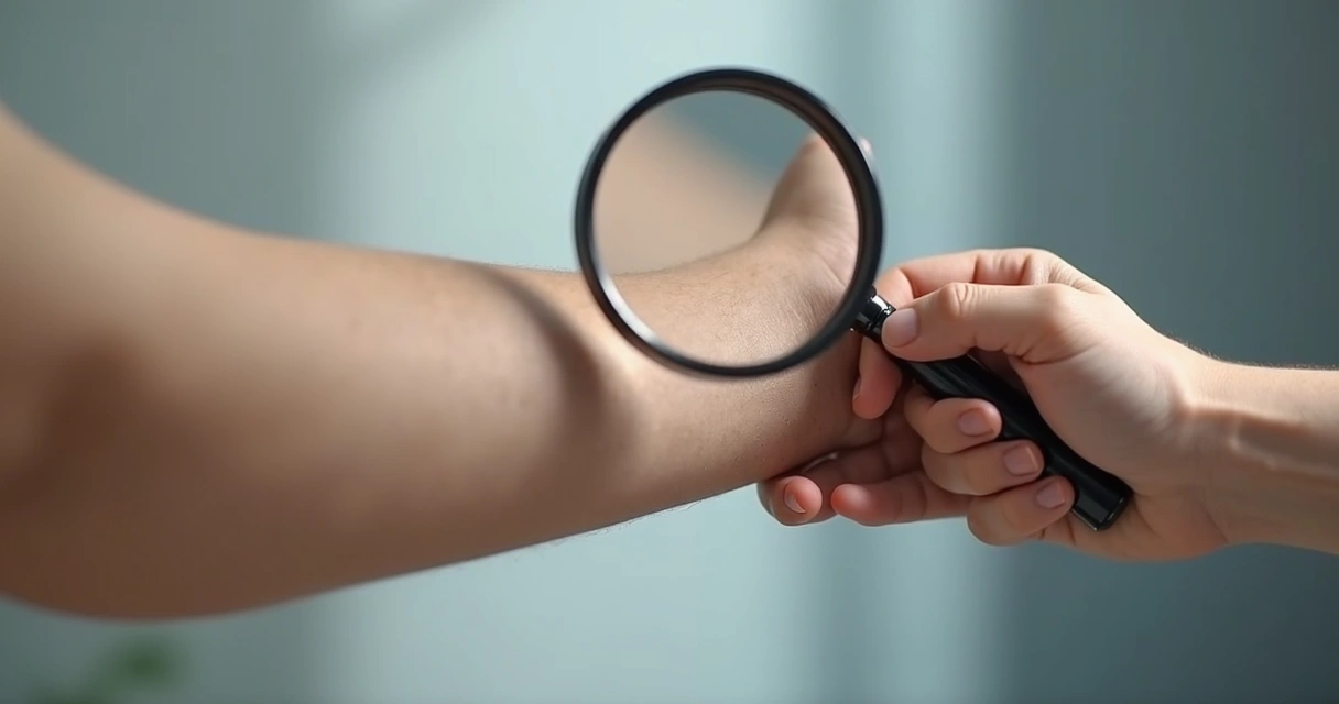 Dedos tocando pele do braço com lupa mostrando detalhes da pele 